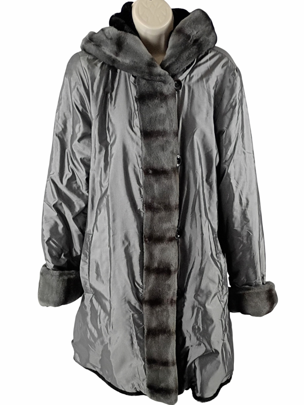 Dennis Basso Women's Reversible Black Faux Fur To Grey Water Resistant Coat